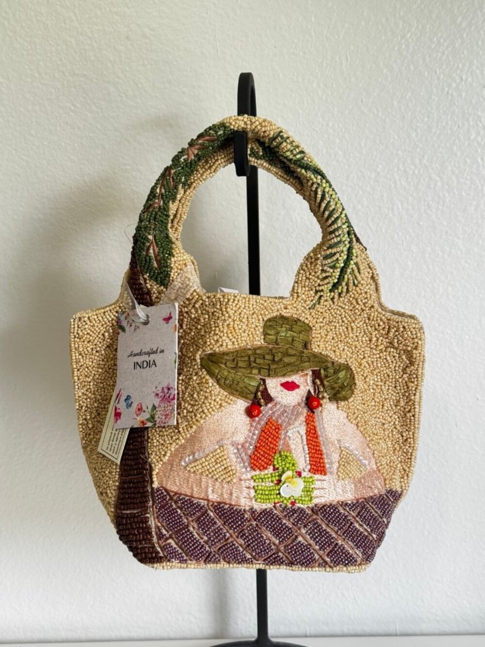 Handcrafted in India Beaded Bag with Woman in Hat Handbag